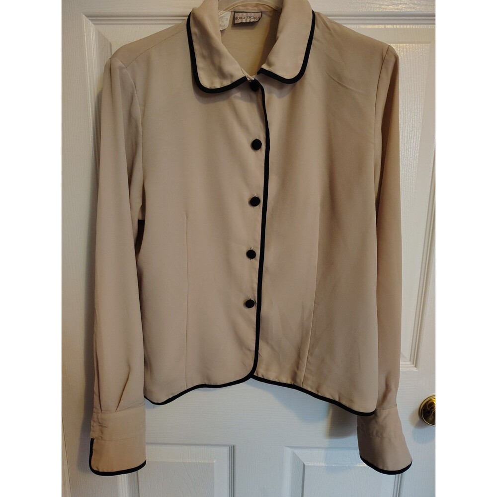 Vintage Bora Bora Women's Beige Button Front Short Jacket w/ Black Trim Size 12